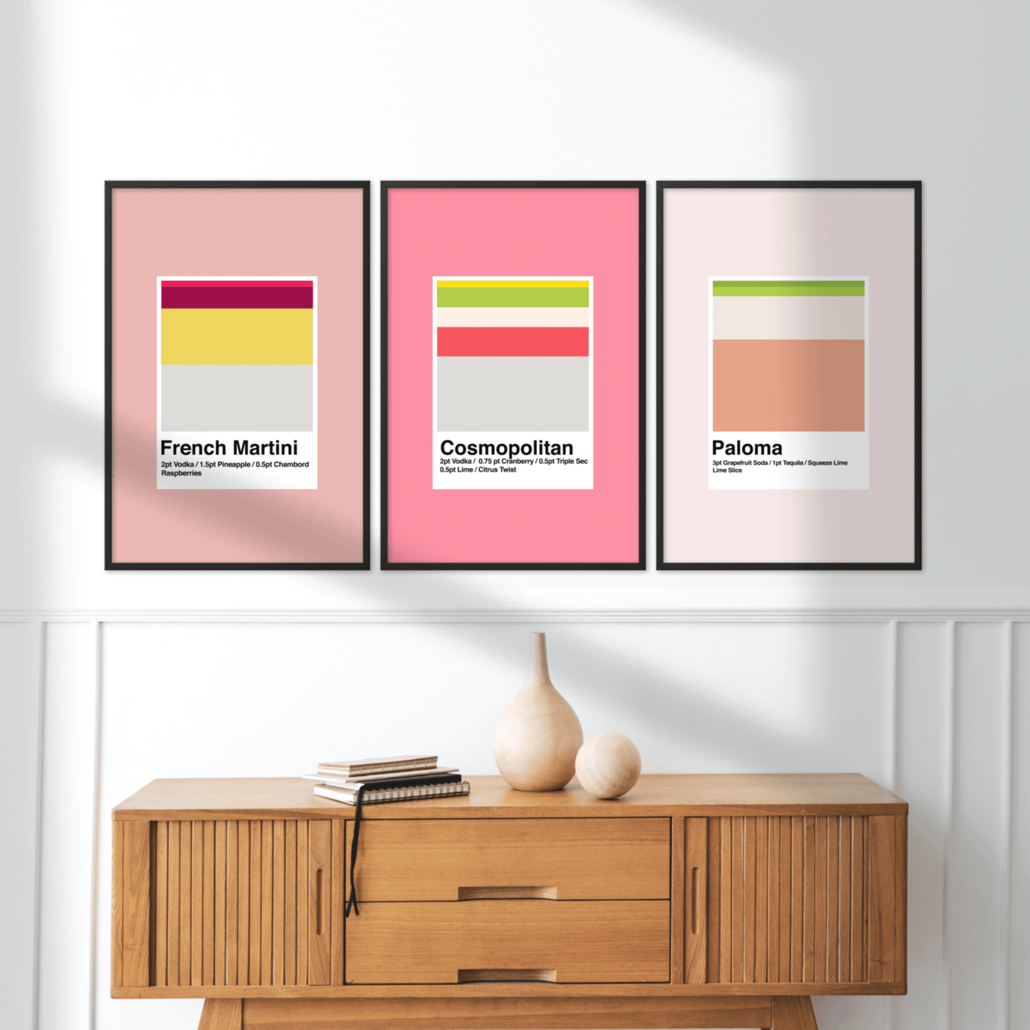 Framed Set of 3 Minimalist Pink Cocktails - THE WALL SNOB
