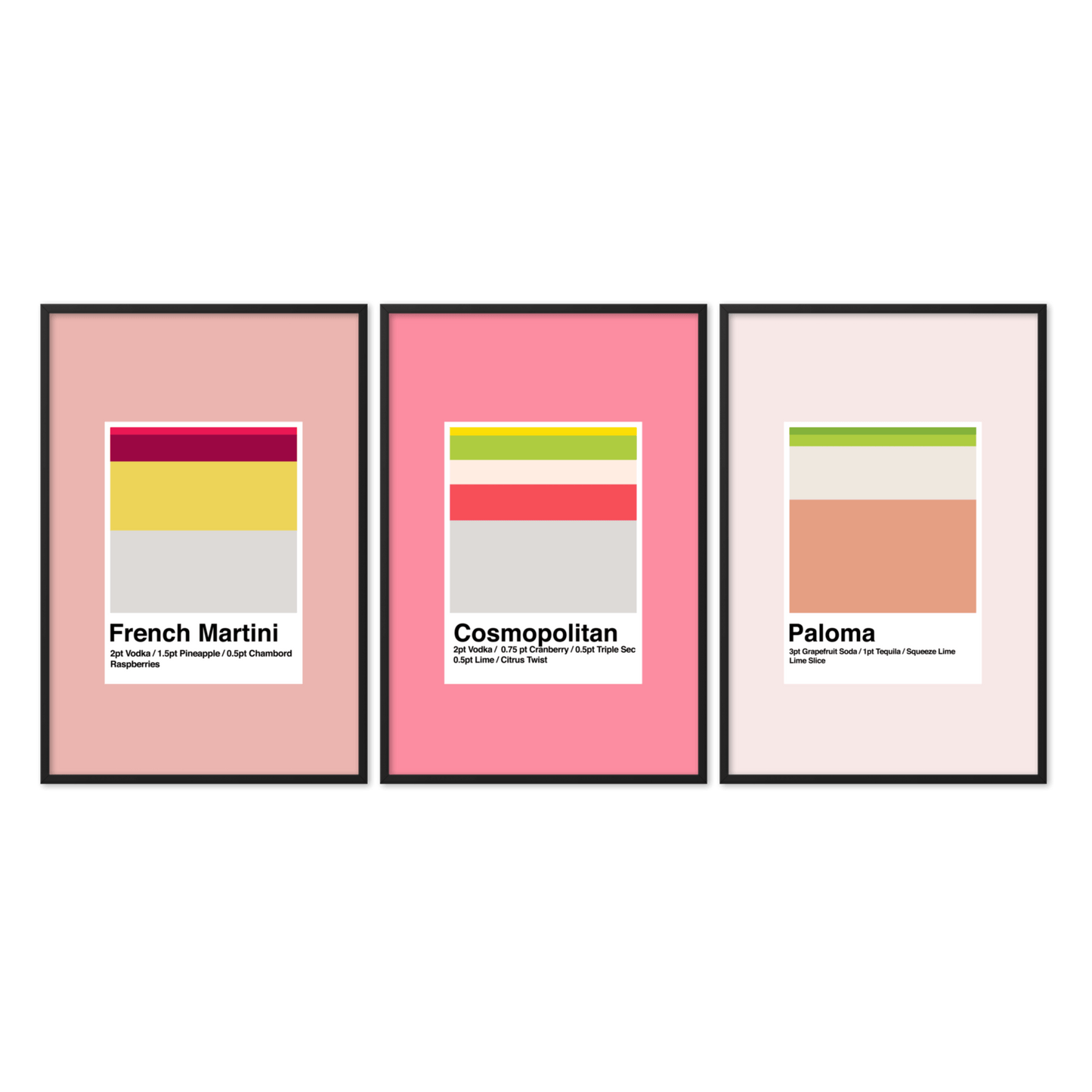 Framed Set of 3 Minimalist Pink Cocktails - THE WALL SNOB