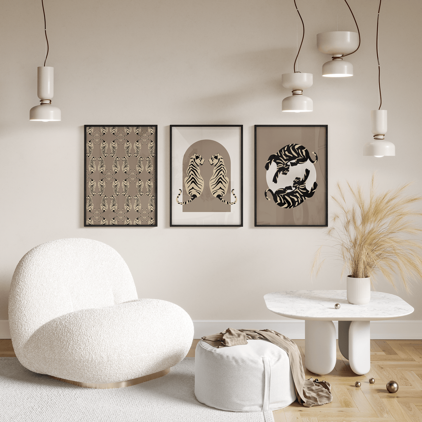 Framed Set of 3 Neutral Tigress Prints - THE WALL SNOB